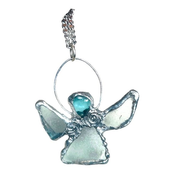 Sea Glass Angel Pendant Bezel Handcrafted with intricate Silver Blend Metalwork - Picture 10 of 16